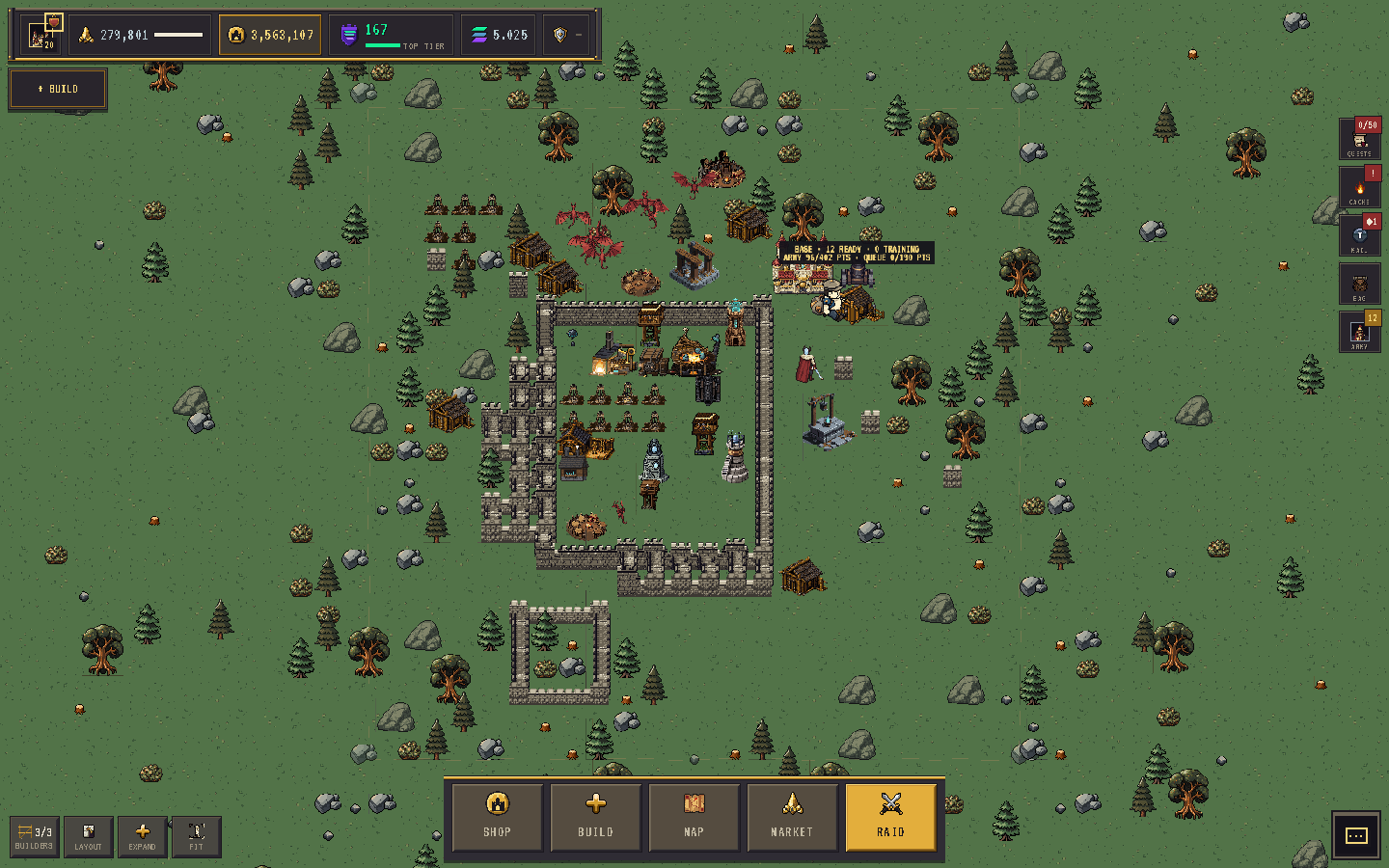 A mid-game base seen from above, with the Keep in the centre and walls around the economy buildings