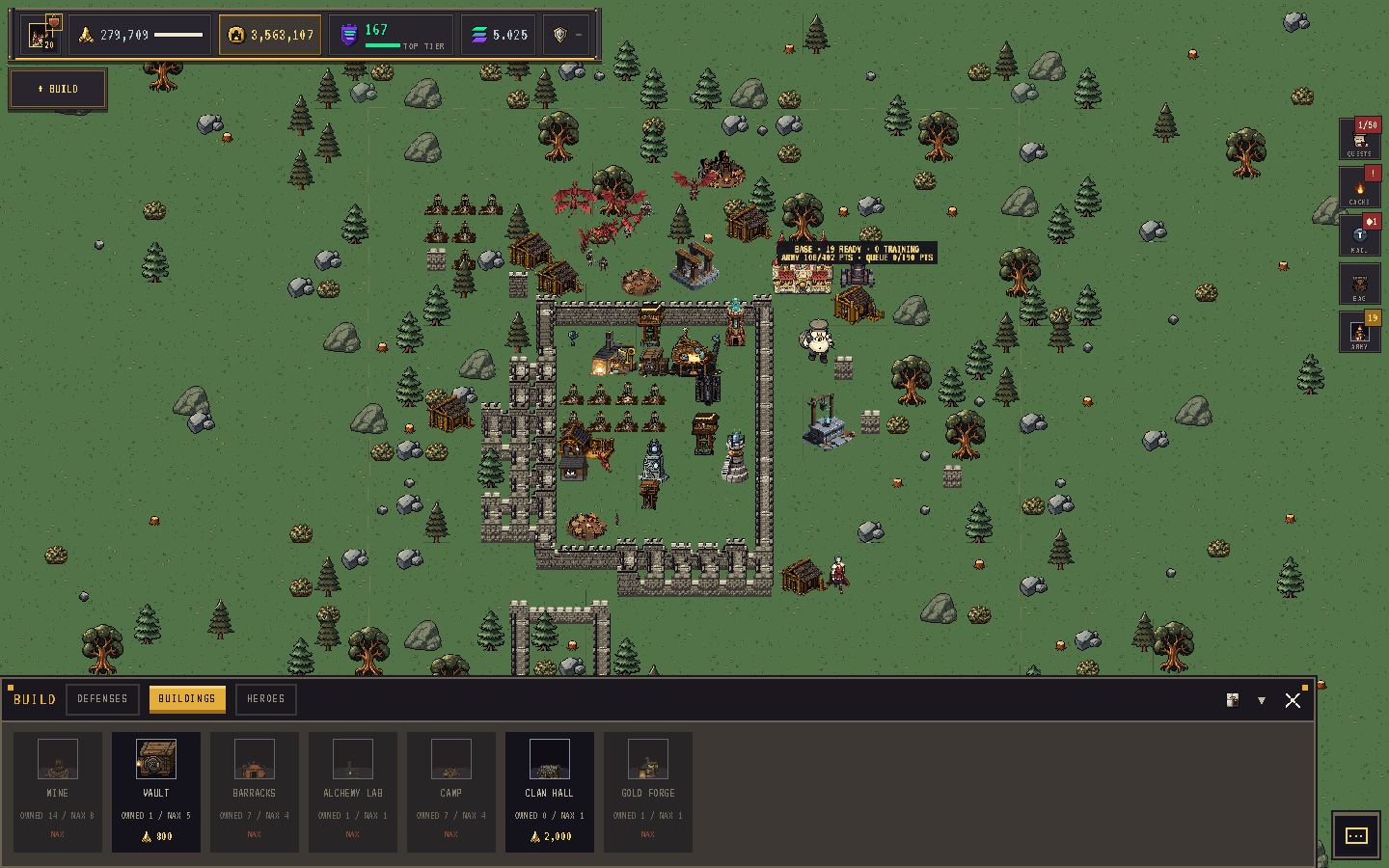 The build menu's BUILDINGS tab with the Mine tile