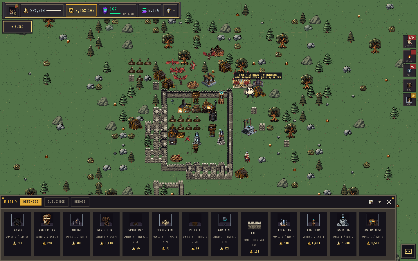 The build menu with its DEFENSES, BUILDINGS and HEROES tabs