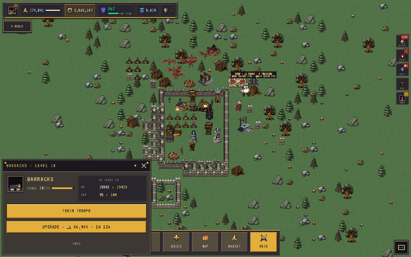 The building info sheet for a structure, showing level, stats, and the upgrade button