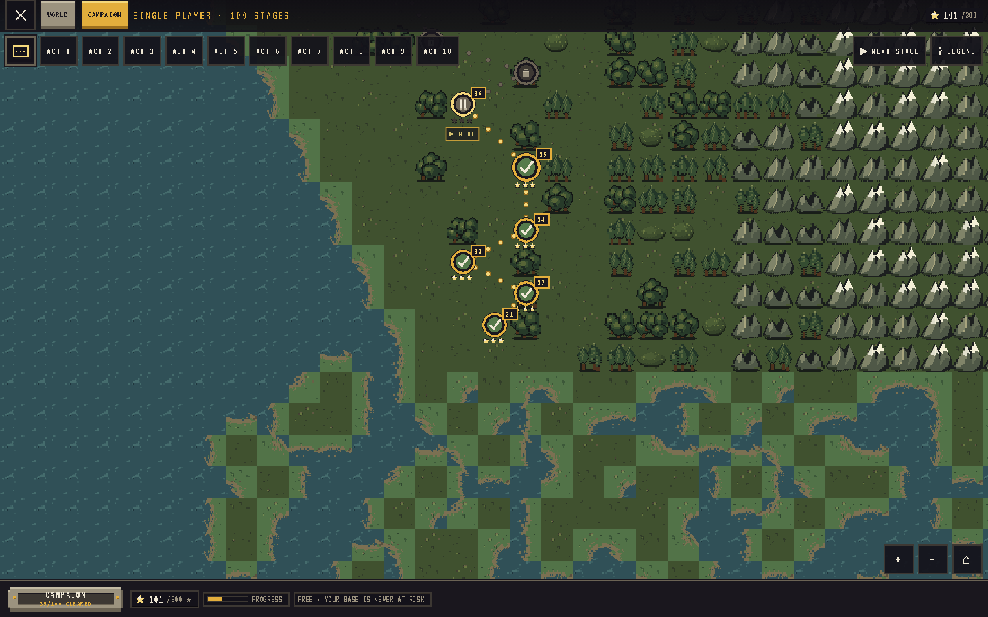 The campaign map with its acts, stage markers and star progress