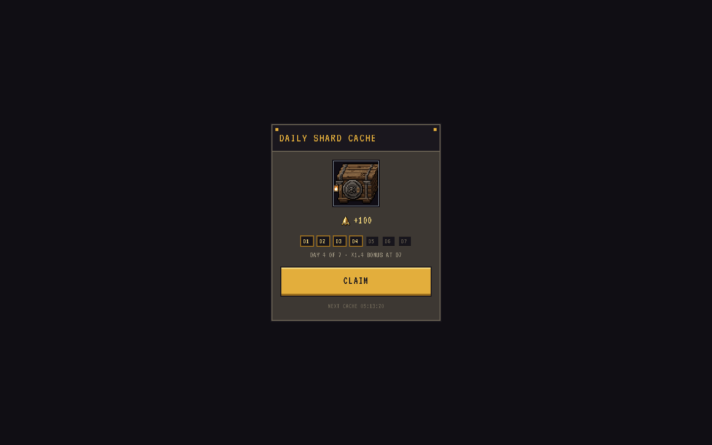 The Daily Shard Cache claim screen with the D1–D7 track