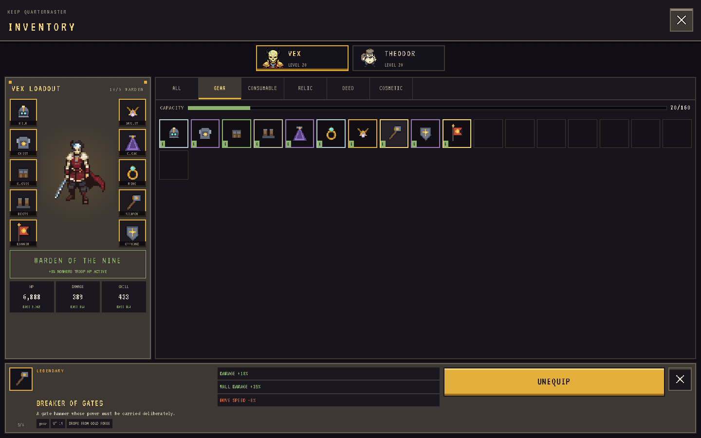 Hero gear loadout screen