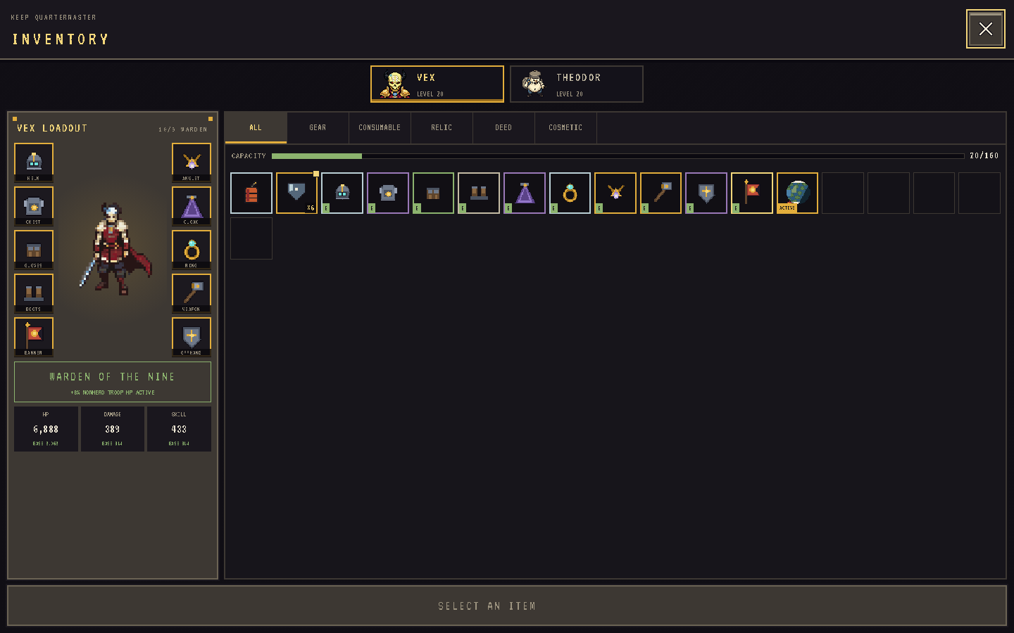 The Inventory screen showing owned items and capacity