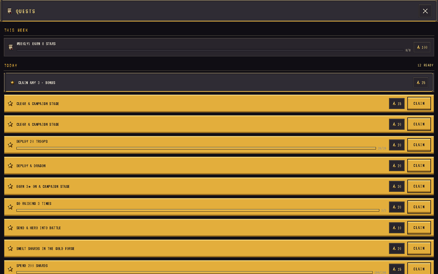 The Quest Board listing daily quests with their Shard rewards and a CLAIM button