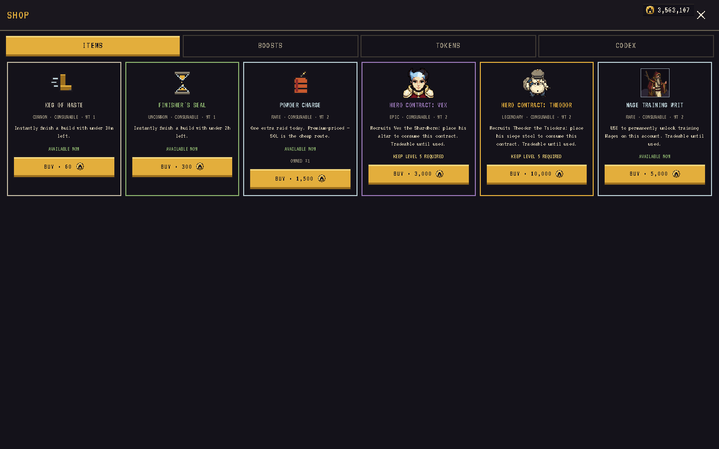 The Shop with its ITEMS, BOOSTS, TOKENS and CODEX tabs