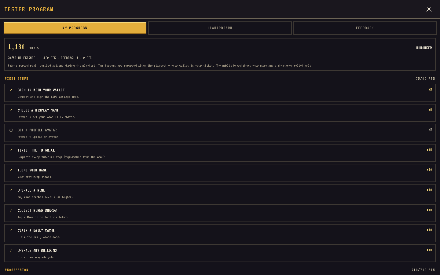 The in-game TESTER screen showing points, rank and the milestone checklist