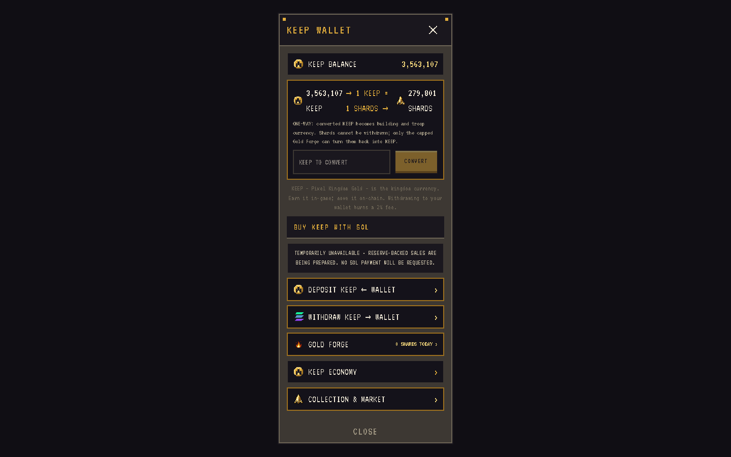 The KEEP WALLET screen with the one-way converter