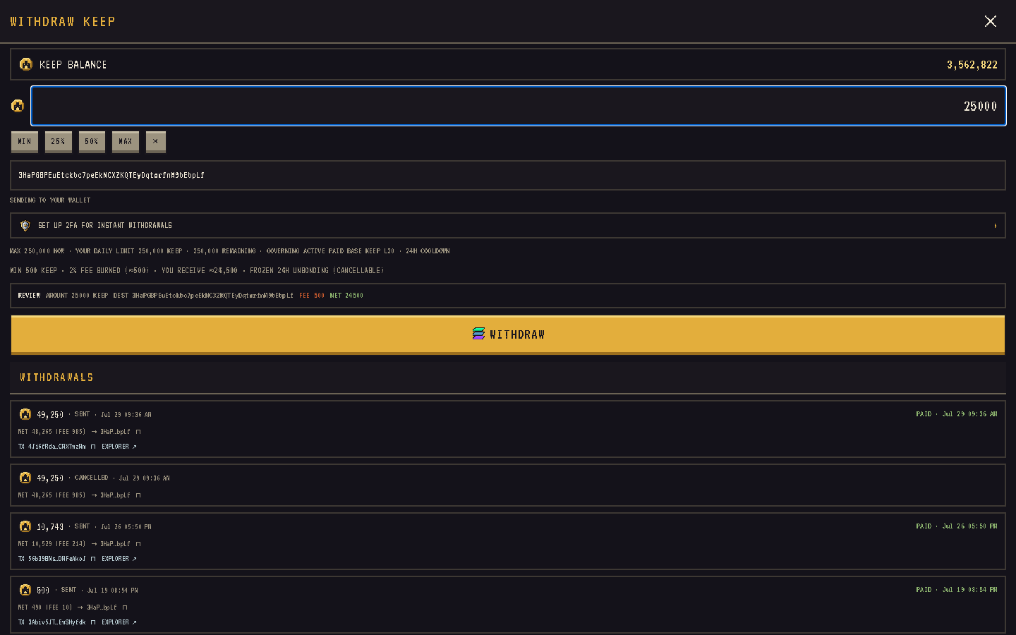 The withdraw screen with quote, mode and confirmation